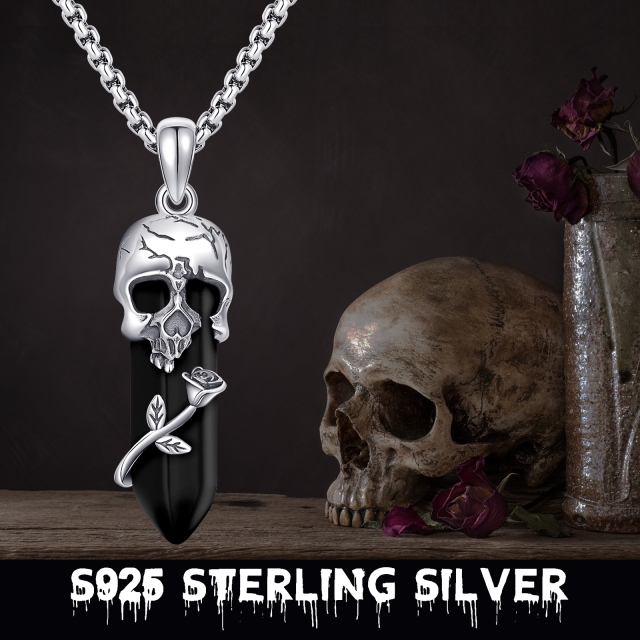 Sterling Silver Rose & Skull Crystal Pendant Necklace-4