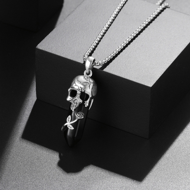 Sterling Silver Rose & Skull Crystal Pendant Necklace-3
