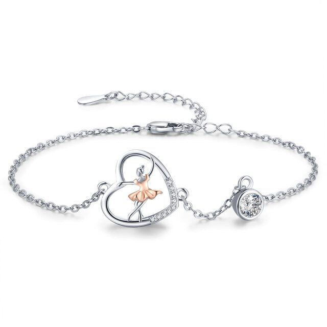 Sterling Silver Two-tone Cubic Zirconia Ballet Dancer & Heart Pendant Bracelet-0