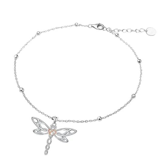 Sterling Silver Two-tone Dragonfly & Celtic Knot Single Layer Anklet