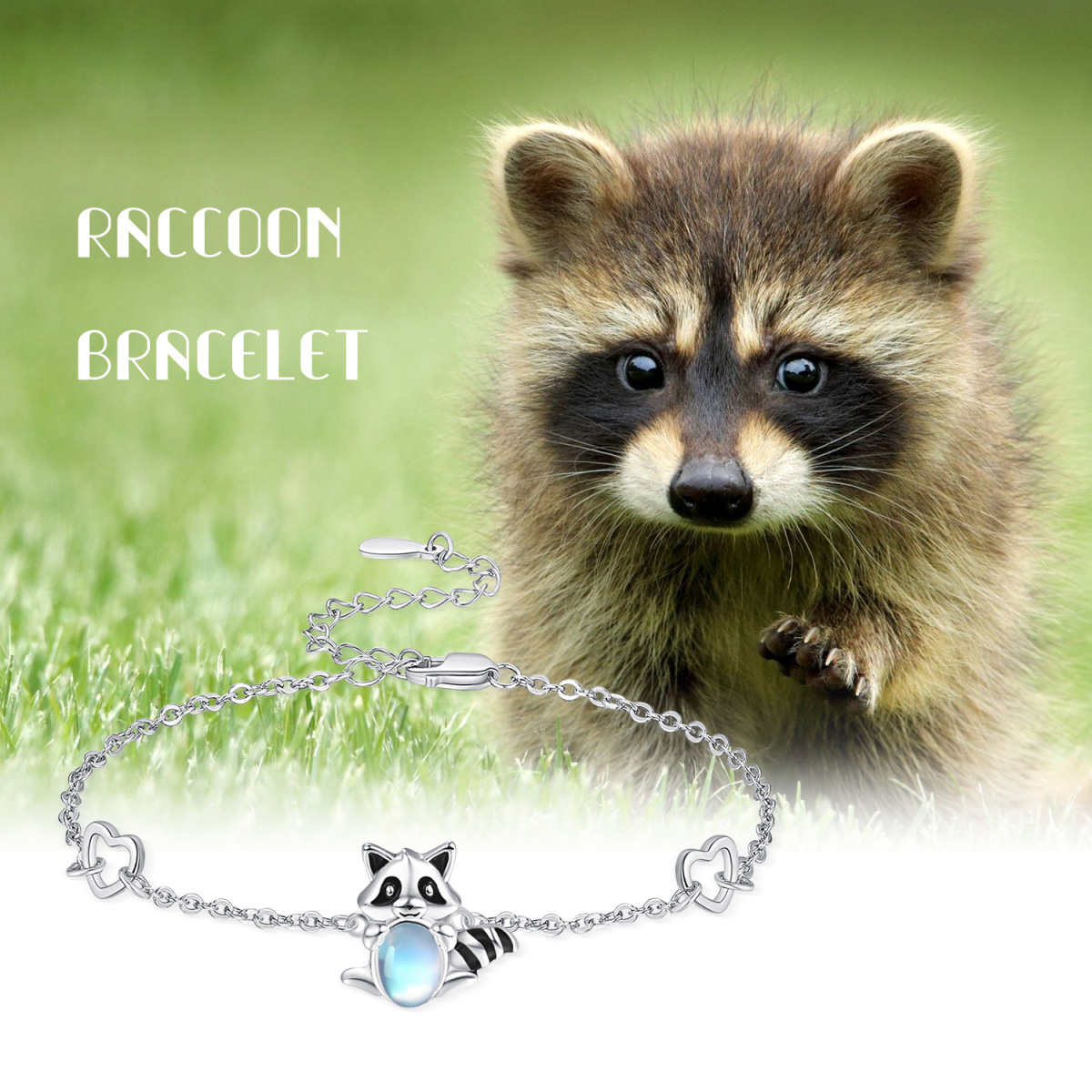 Sterling Silver Circular Shaped Moonstone Raccoon Pendant Bracelet-6