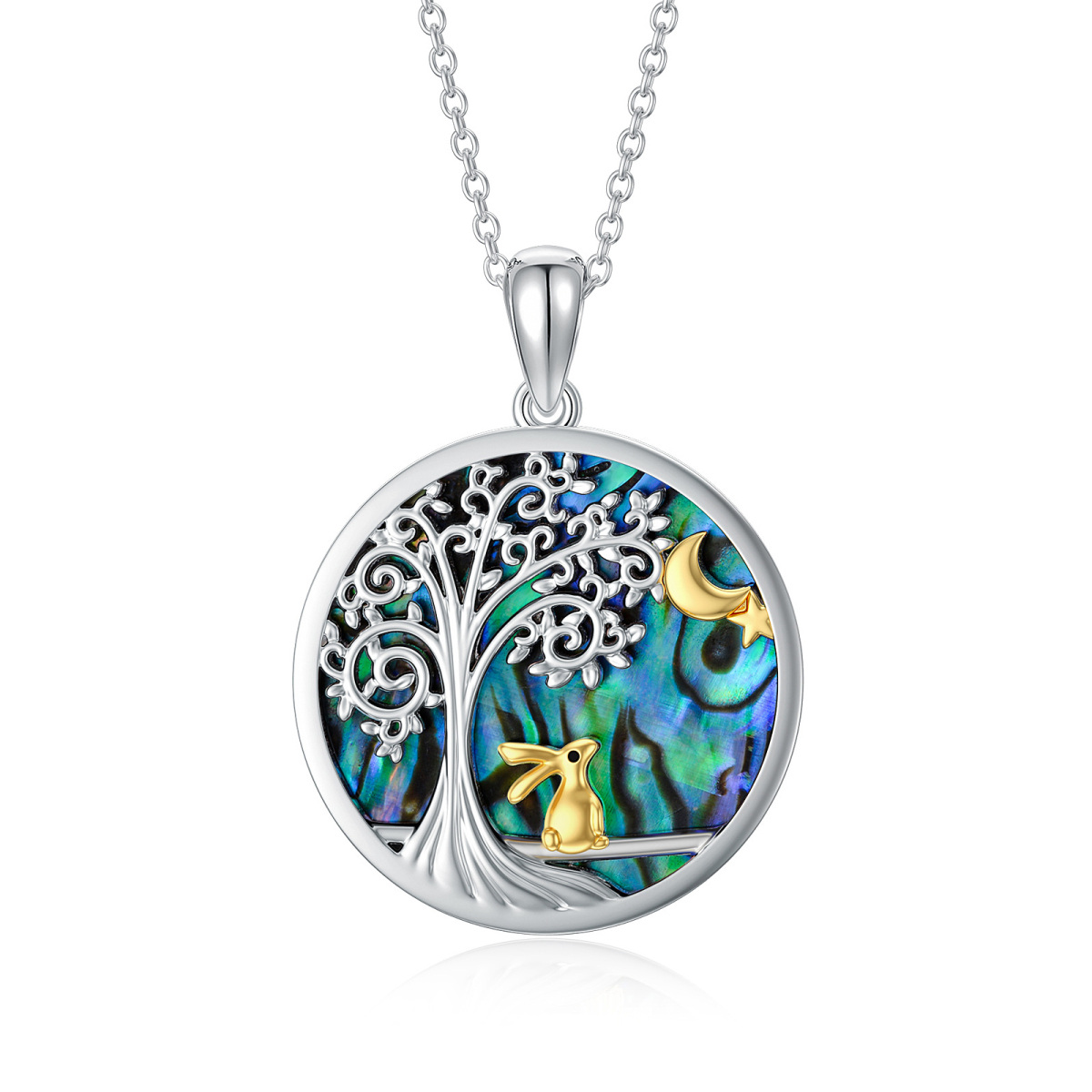 Sterling Silver Two-tone Abalone Shellfish Rabbit & Tree Of Life & Moon Pendant Necklace-1