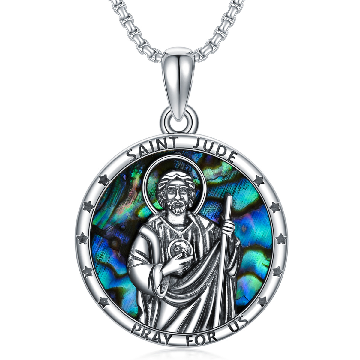 Sterling Silber kreisförmig Abalone Muscheln Saint Jude Anhänger Halskette mit eingraviert-1