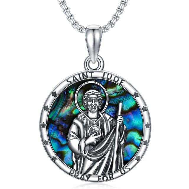 Sterling Silber kreisförmig Abalone Muscheln Saint Jude Anhänger Halskette mit eingraviert-0