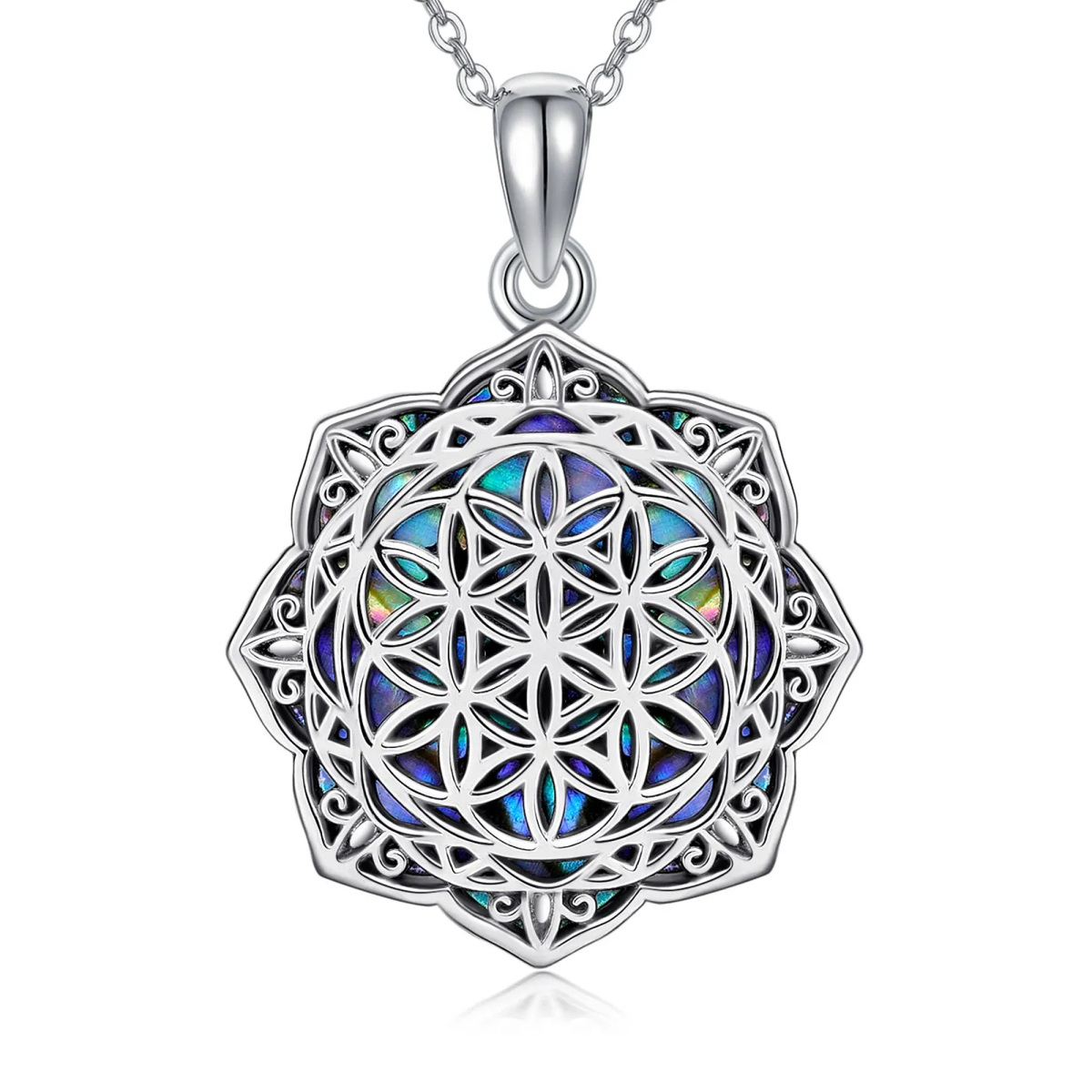Sterling Silver Abalone Shellfish Flower Of Life Pendant Necklace-1