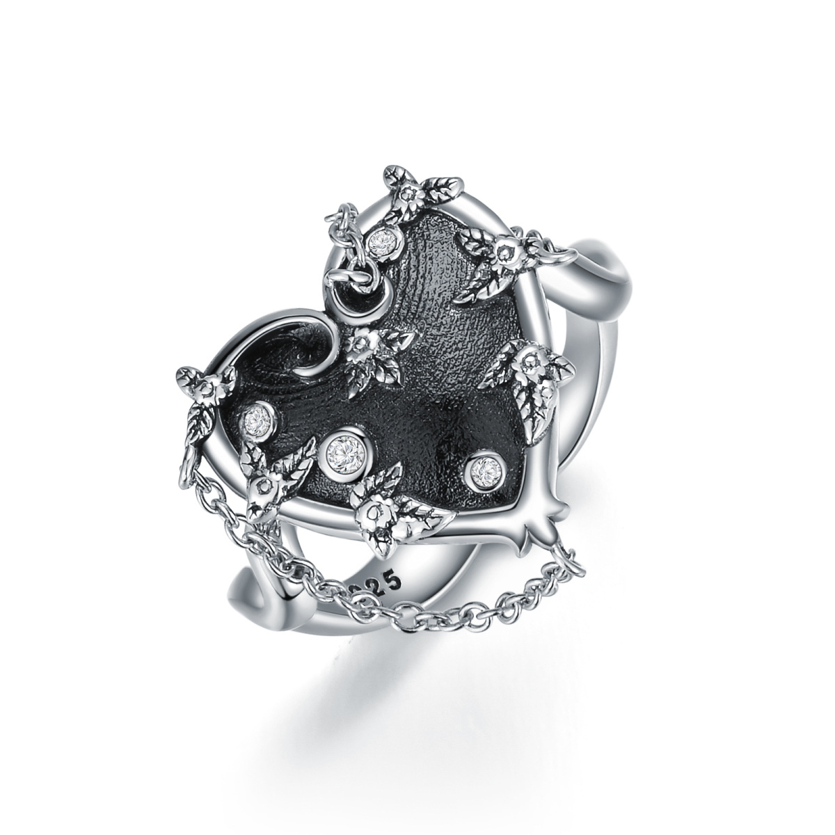 Sterling Silber mit schwarzem Rhodium Herz geformt Cubic Zirconia personalisierte Gravur &-1