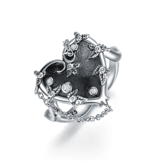 Anello in argento sterling e rodio nero con cuore a forma di zircone personalizzato e incisione a cuore