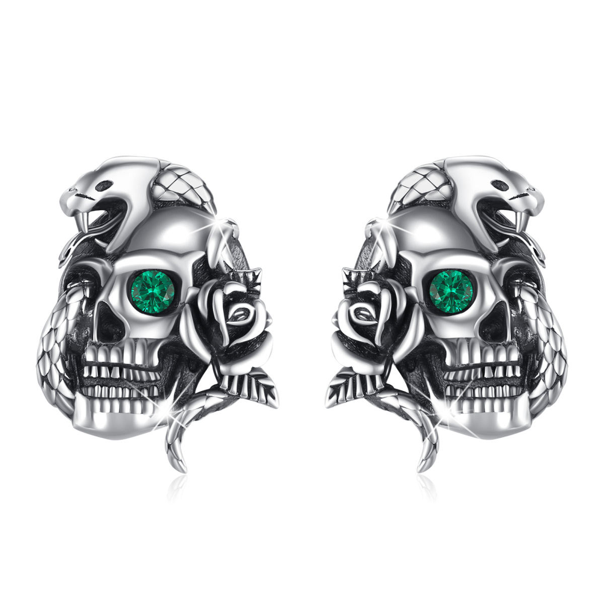 Sterling Silver Circular Shaped Cubic Zirconia Skull Stud Earrings-1