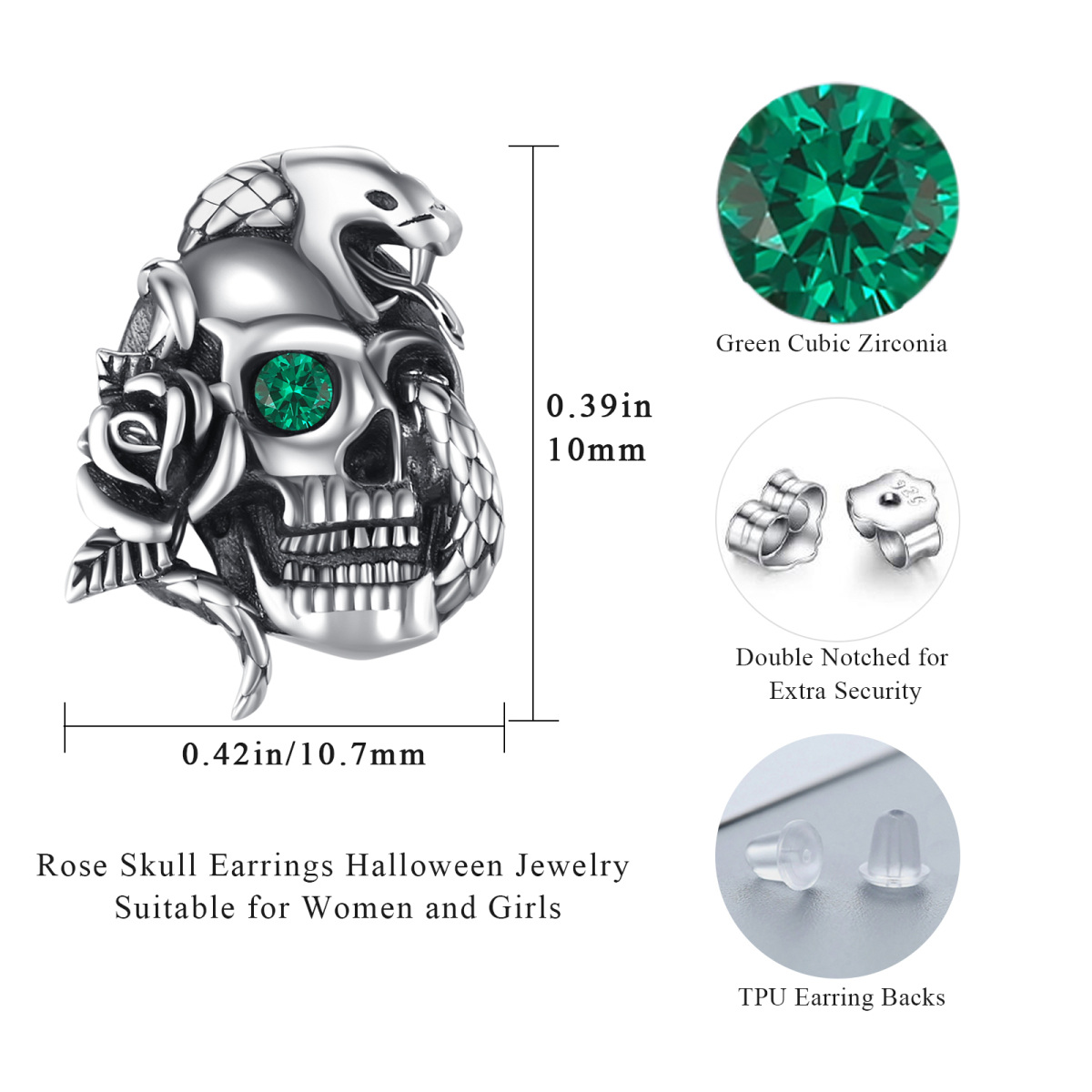 Sterling Silver Circular Shaped Cubic Zirconia Skull Stud Earrings-5