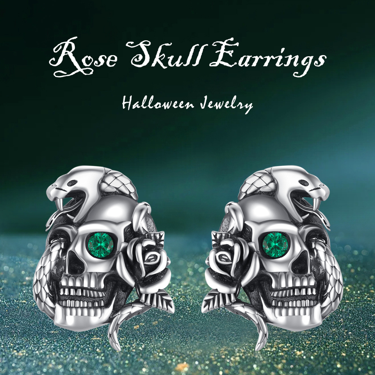 Sterling Silver Circular Shaped Cubic Zirconia Skull Stud Earrings-7