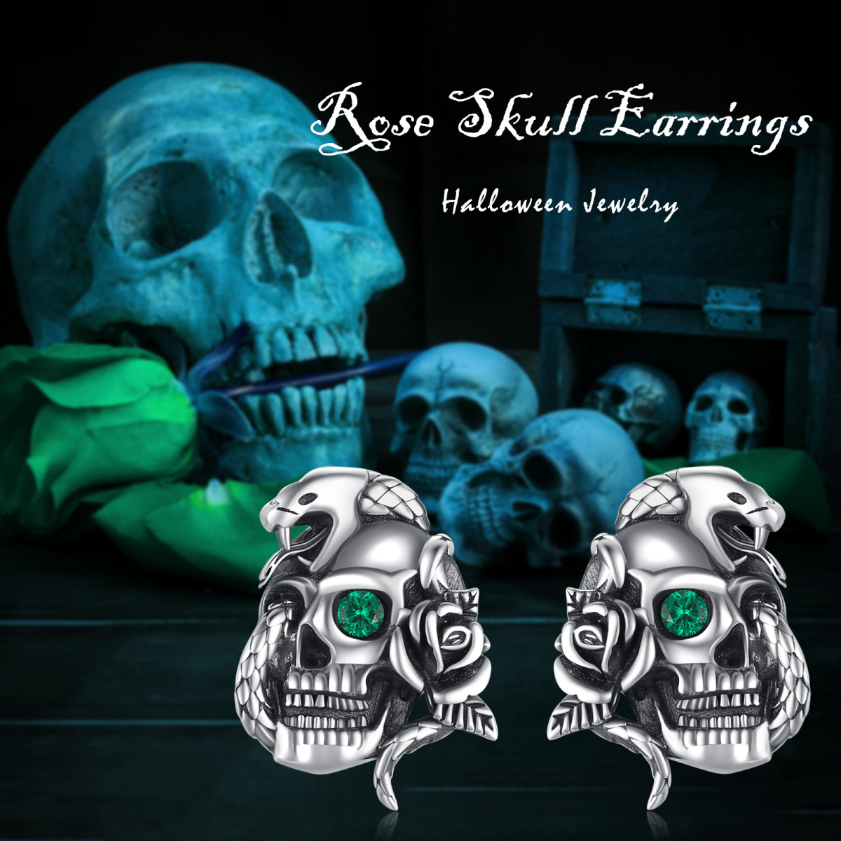 Sterling Silver Circular Shaped Cubic Zirconia Skull Stud Earrings-6