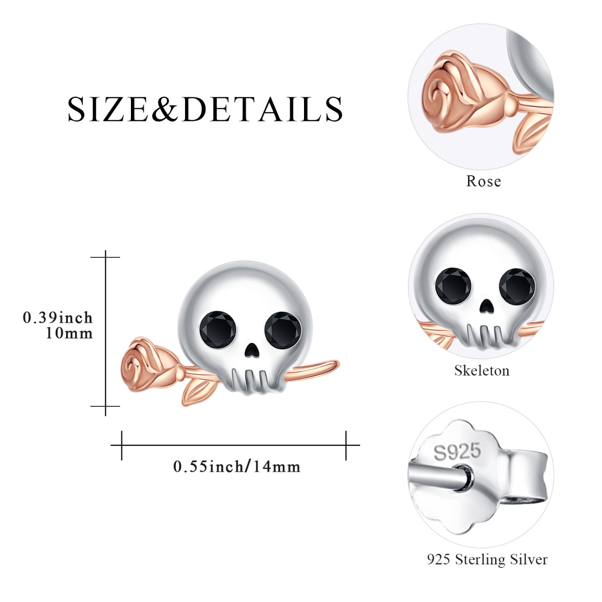 Sterling Silver Two-tone Cubic Zirconia Skull Stud Earrings-3