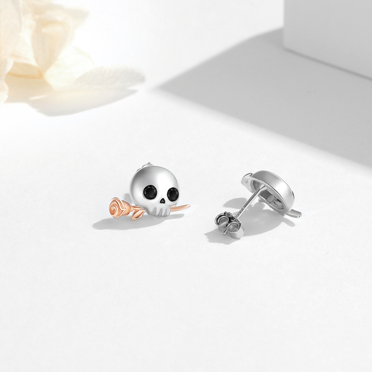 Sterling Silver Two-tone Cubic Zirconia Skull Stud Earrings-4