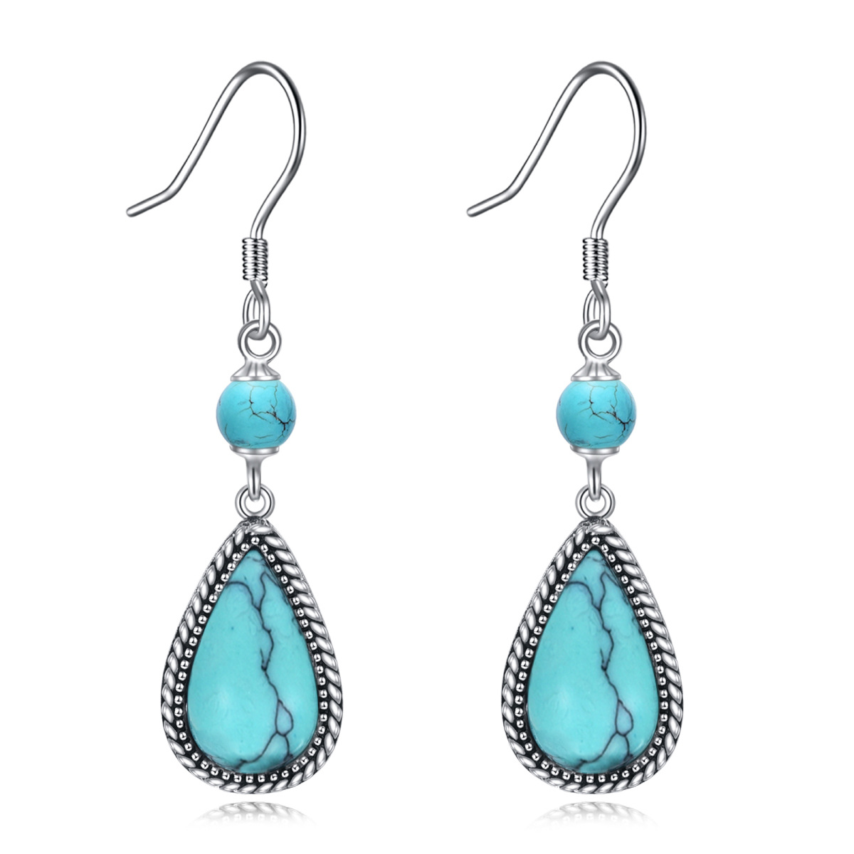 Sterling Silver Turquoise Drop Shape Drop Earrings-1