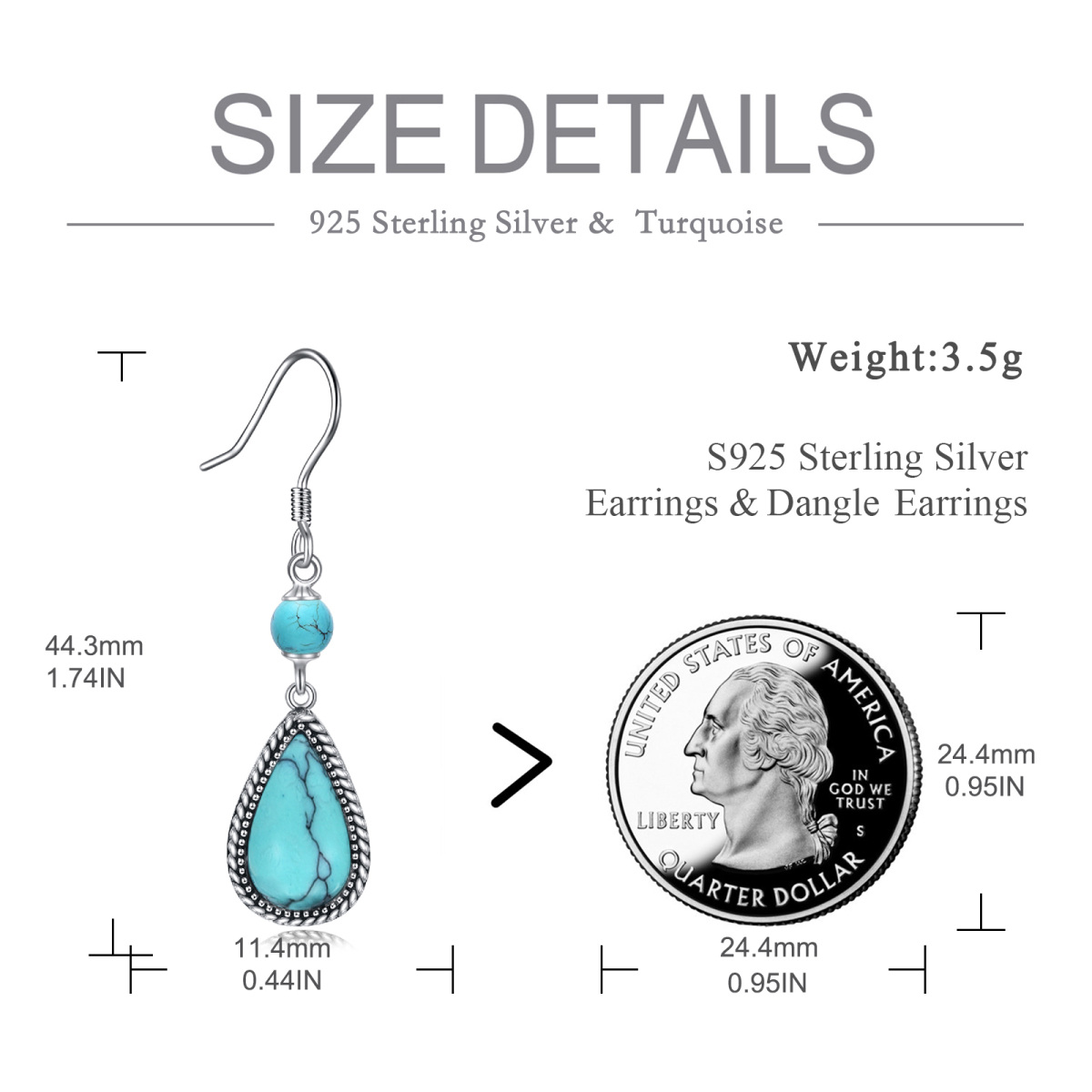 Sterling Silver Turquoise Drop Shape Drop Earrings-6