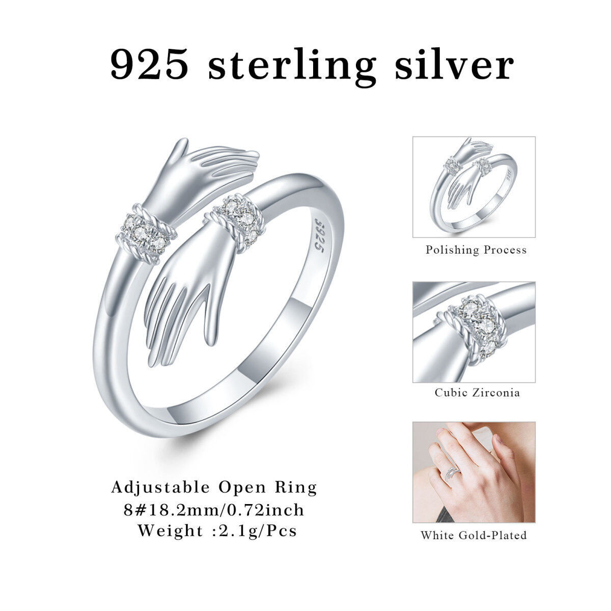 Sterling Silver Cubic Zirconia Hold Hands Open Ring-6