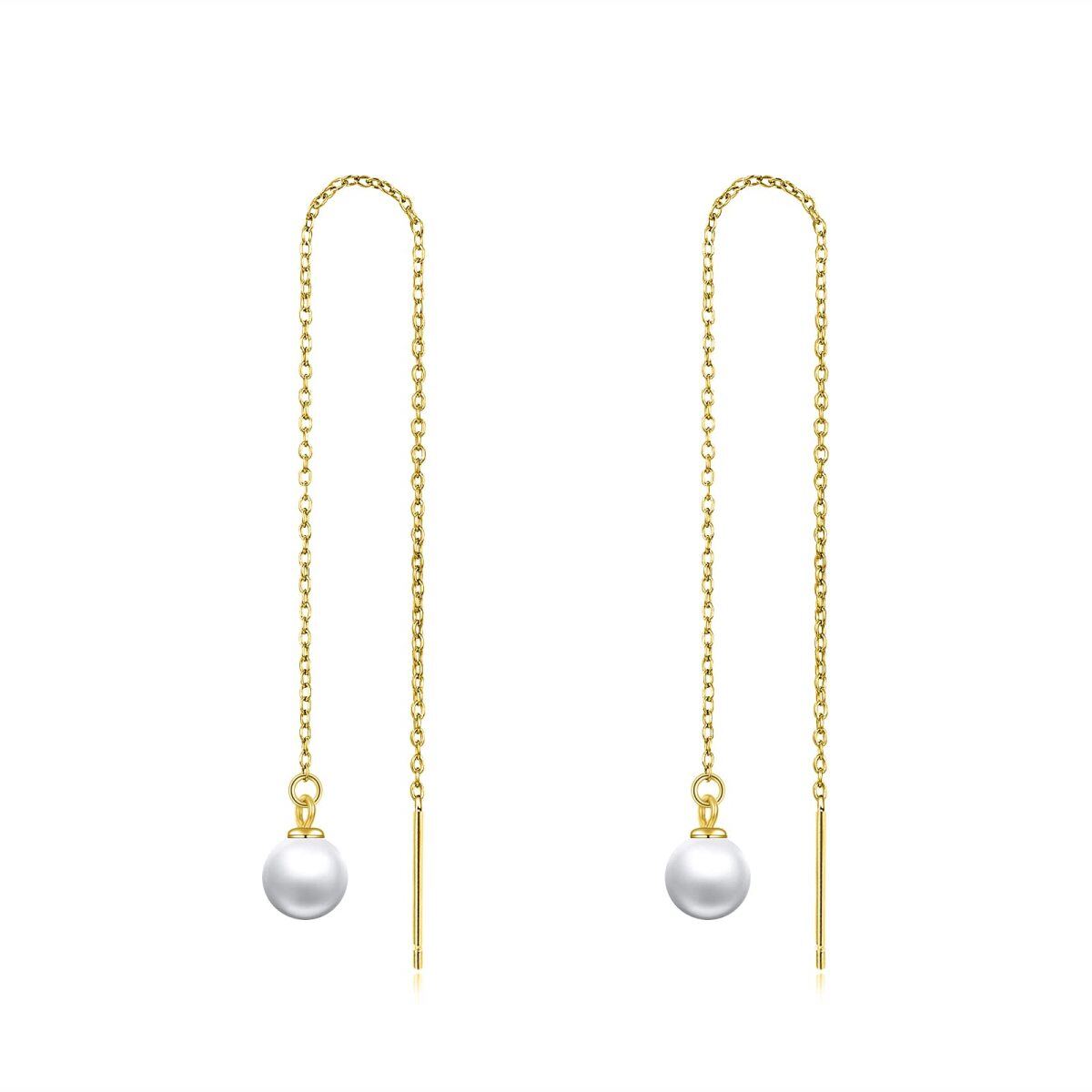 18K Gold Circular Shaped Long Pearl Dangle Pull Through Drop Earrings-1