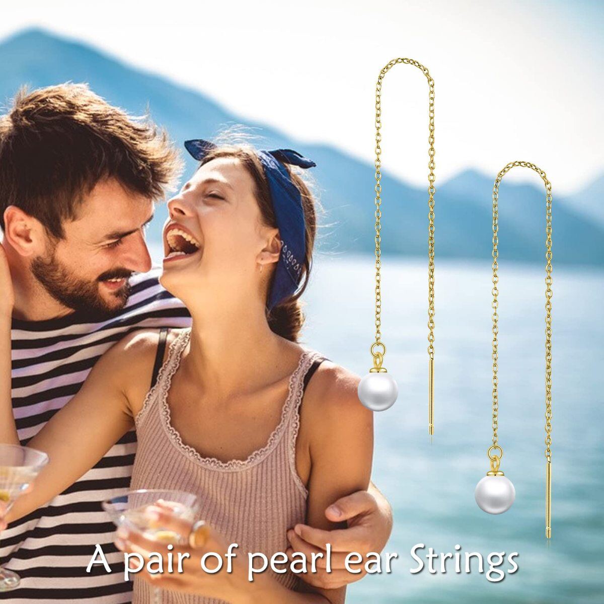 18K Gold Circular Shaped Long Pearl Dangle Pull Through Drop Earrings-5