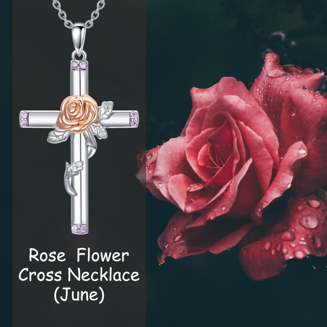 Sterling Silver Two-tone Round Cubic Zirconia Rose & Cross Pendant Necklace-3