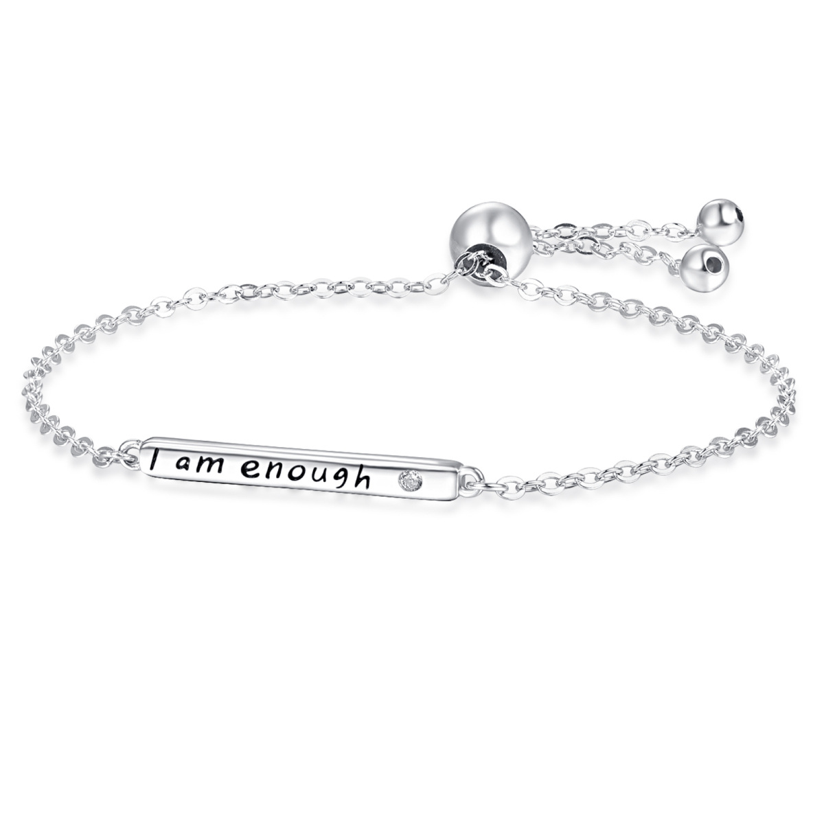 Sterling Silver Circular Shaped Cubic Zirconia Bar Pendant Bracelet with Engraved Word-1
