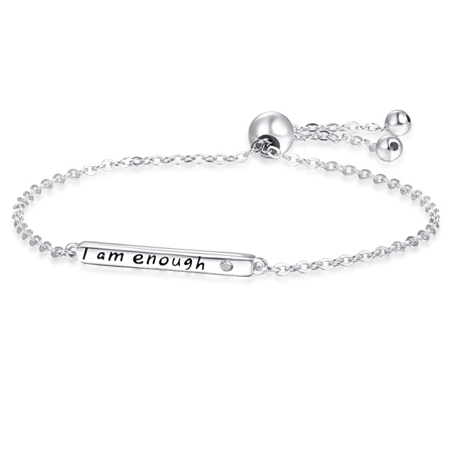 Sterling Silver Circular Shaped Cubic Zirconia Bar Pendant Bracelet with Engraved Word-0