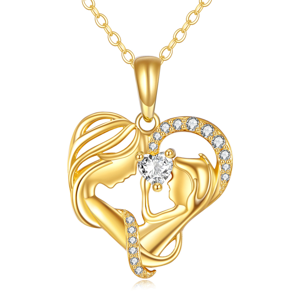 14K Gold Cubic Zirconia Mom & Bbay Heart Pendant Necklace Gift for New Mom-1