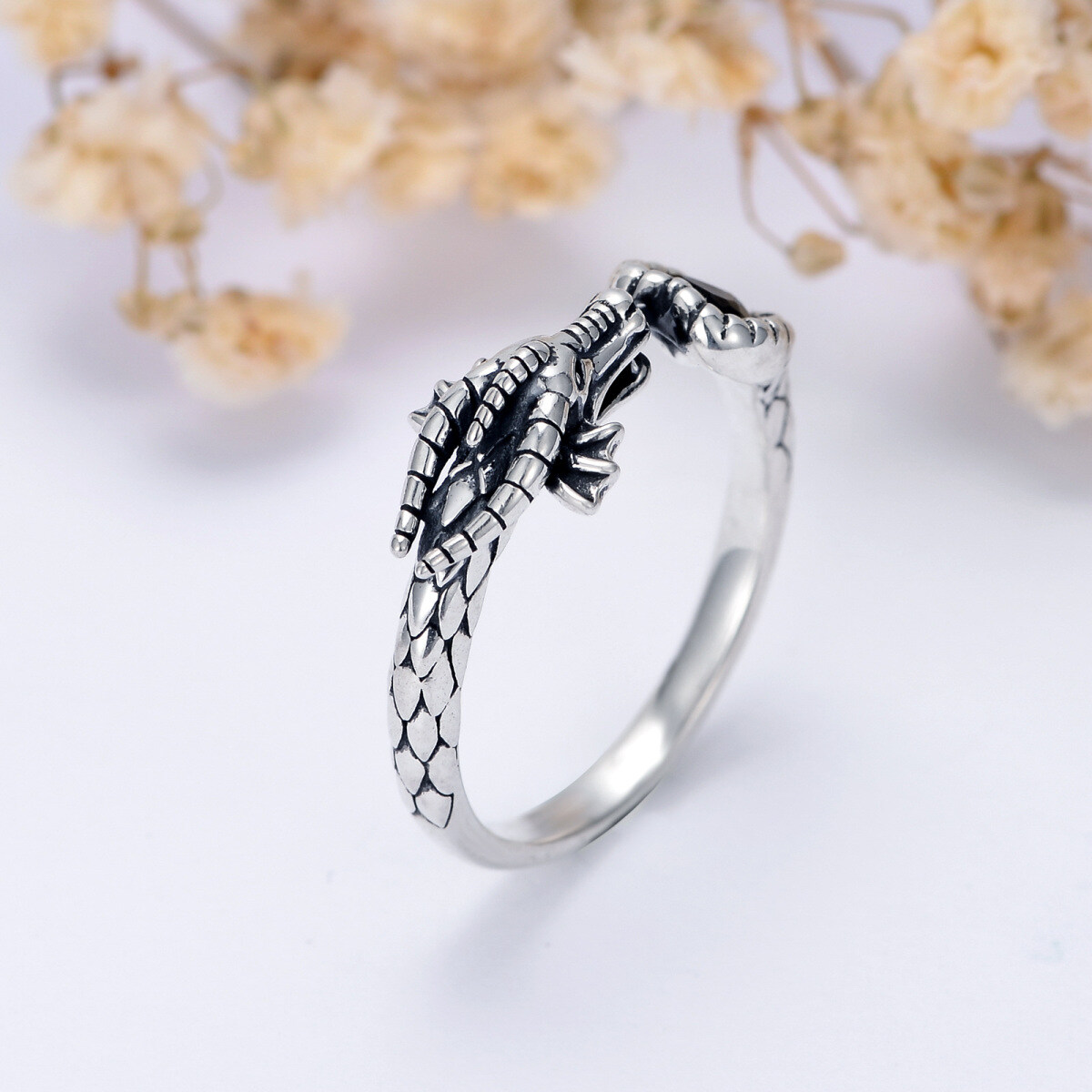 Sterling Silver Heart Crystal Dragon Open Ring-6