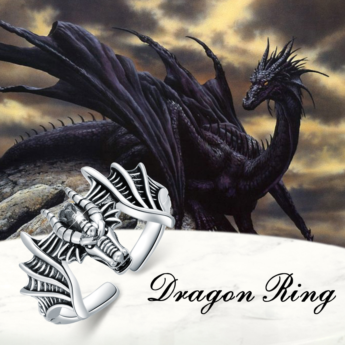 Bague ouverte dragon en argent sterling-6