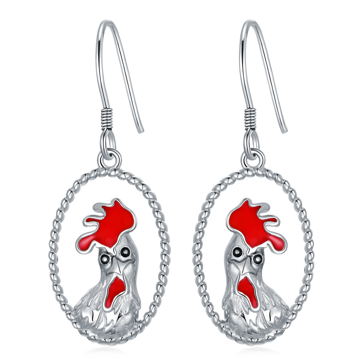 Sterling Silver Rooster Drop Earrings-1