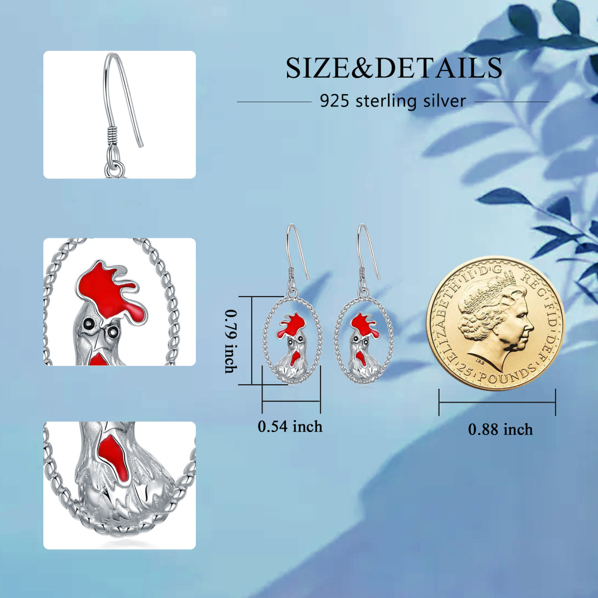 Sterling Silver Rooster Drop Earrings-5