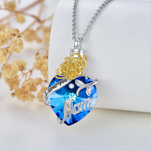 Sterling Silver Two-tone Circular Shaped & Heart Shaped Crystal Birth Flower & Heart Urn Necklace for Ashes with Engraved Word-2