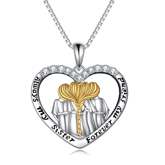 Sterling Silver Two-tone Zircon Sisters & Heart Pendant Necklace-2