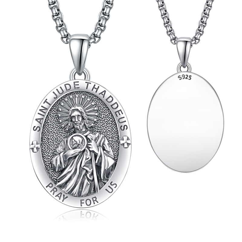 Sterling Silver Personalized Engraving & Saint Jude Pendant Necklace with Engraved Word