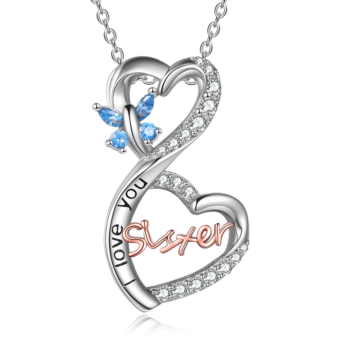 Sterling Silver Two-tone Cubic Zirconia Butterfly & Sisters & Heart With Heart Pendant Necklace with Engraved Word-1