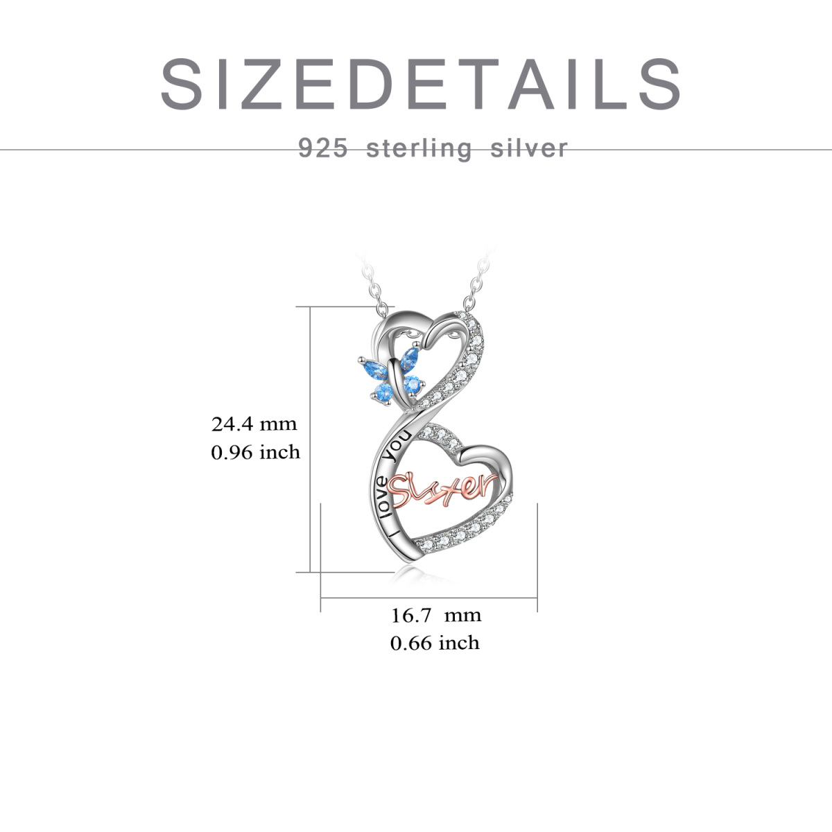 Collier en argent sterling bicolore avec pendentif en zircon cubique papillon, sœurs et cœ-5