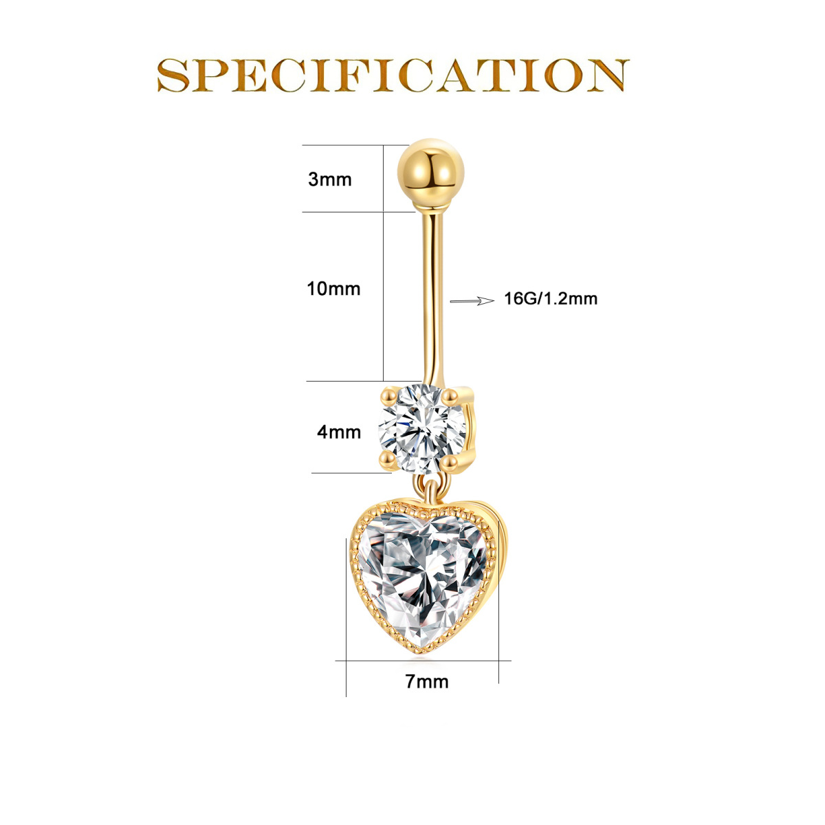 14K Gold Heart Shaped Cubic Zirconia Heart Belly Button Ring-5