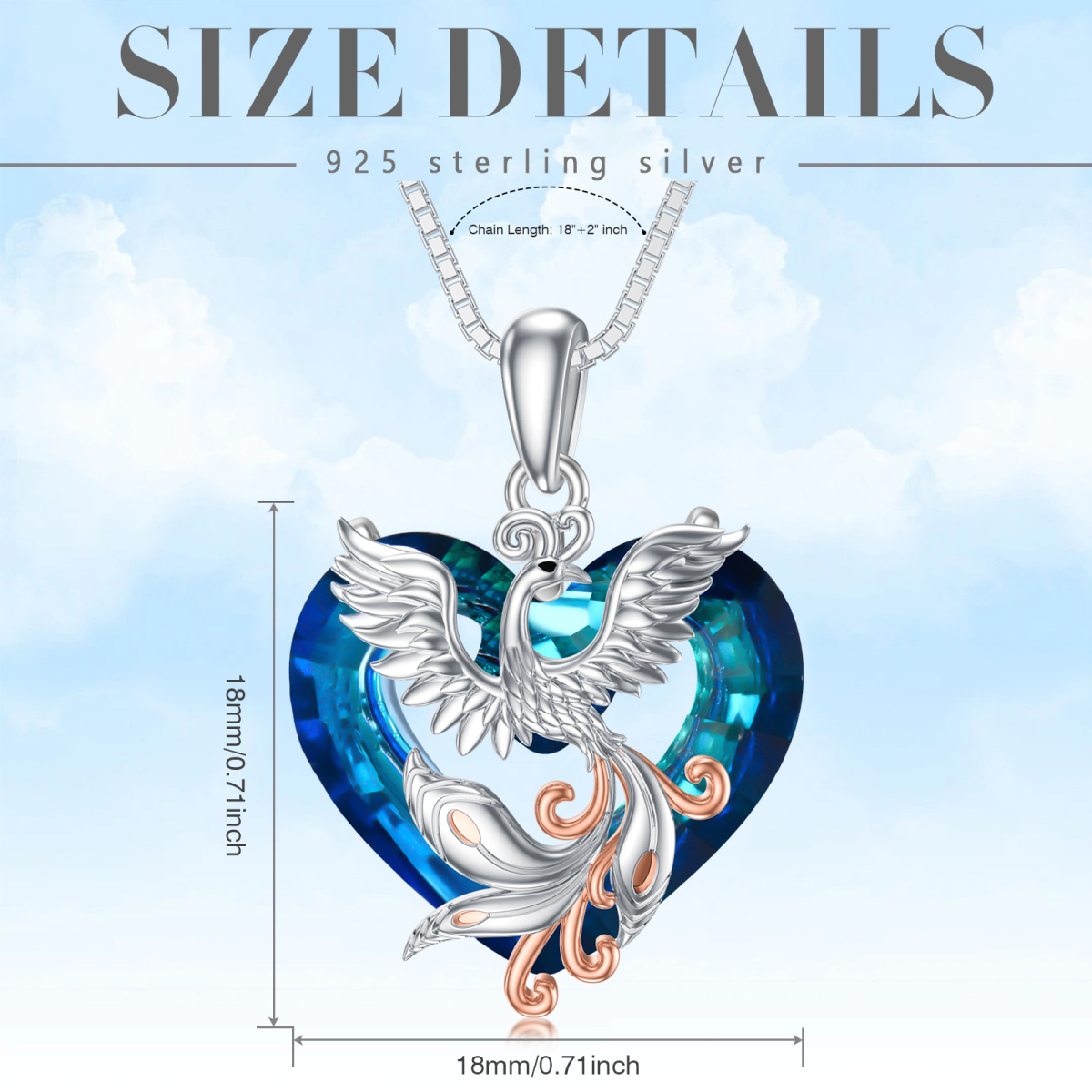 Sterling Silber zweifarbig Herzform Phoenix & Herz Kristall Anhänger Halskette-5