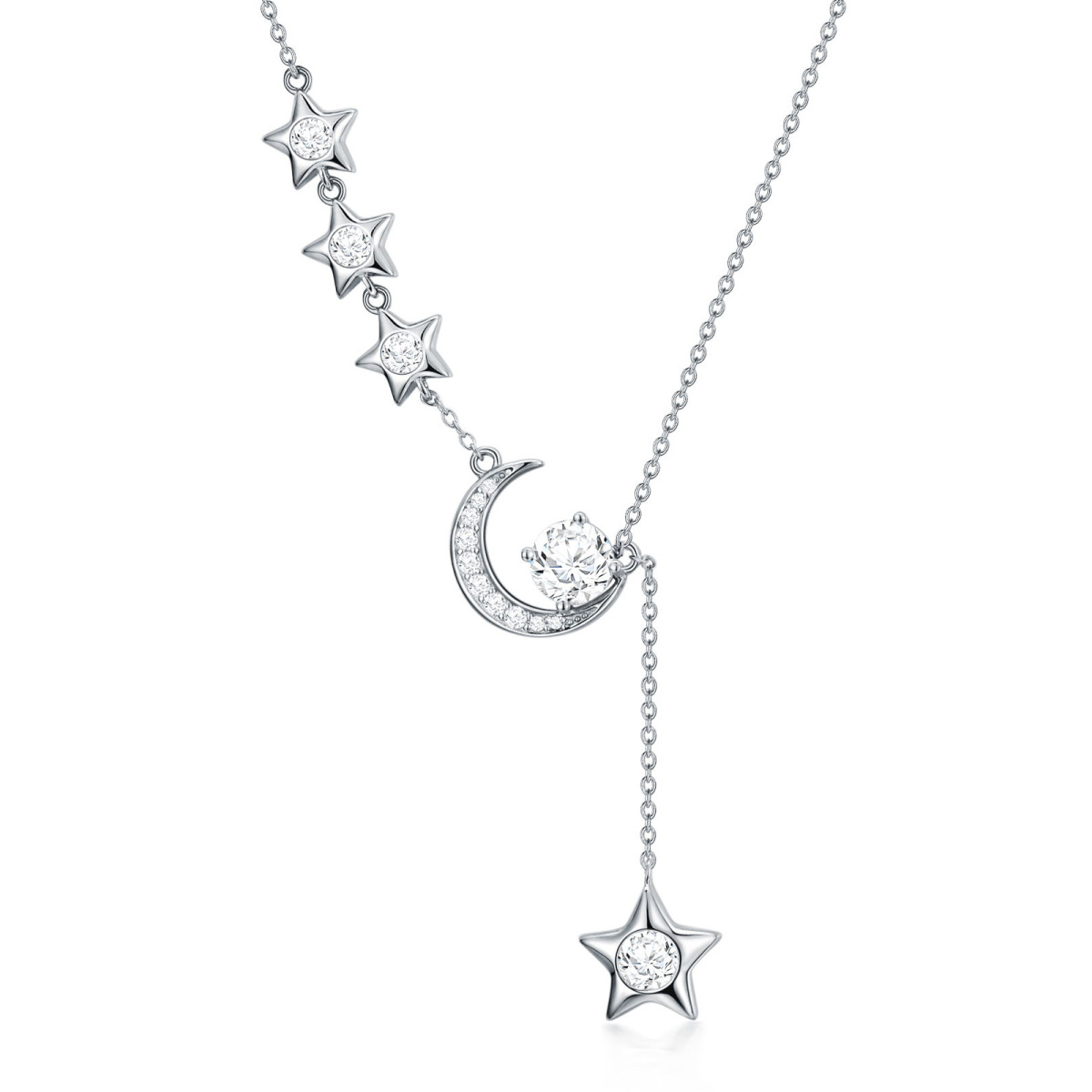 Sterling Silver Round Moissanite Moon & Star Pendant Necklace-1