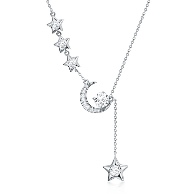 Sterling Silver Round Moissanite Moon & Star Pendant Necklace-0