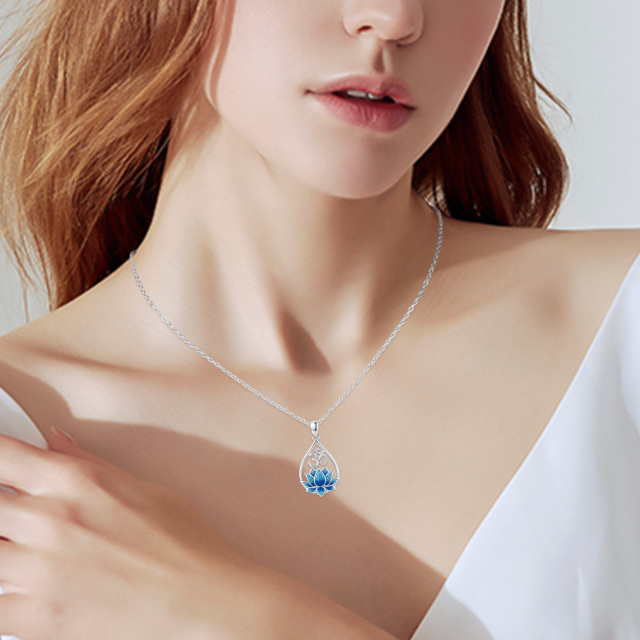 Sterling Silver Blue Lotus & Drop Shape Pendant Necklace-2