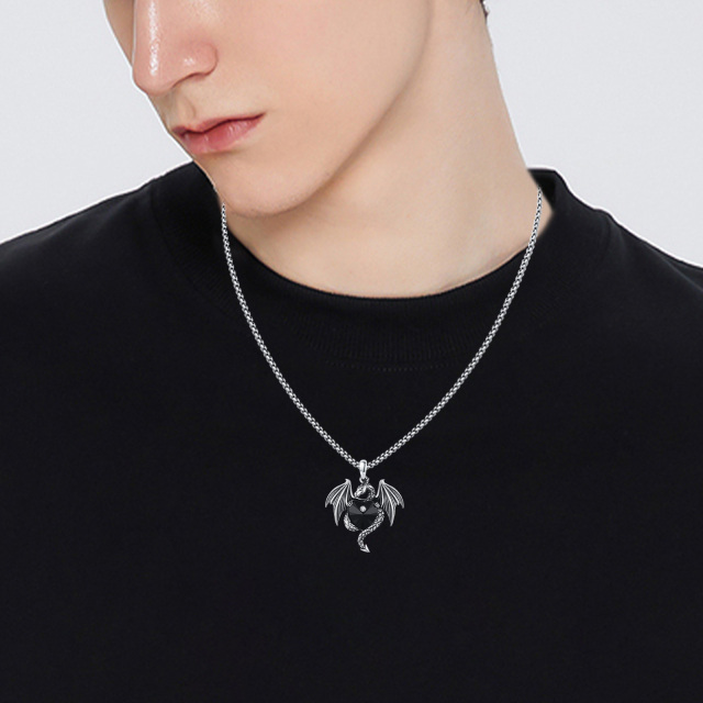Sterling Silver Flying Dragon Black Heart Crystal Pendant Necklace-2