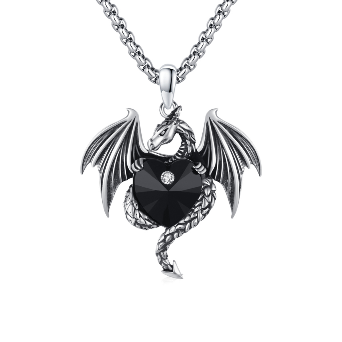 Sterling Silver Flying Dragon Black Heart Crystal Pendant Necklace-1