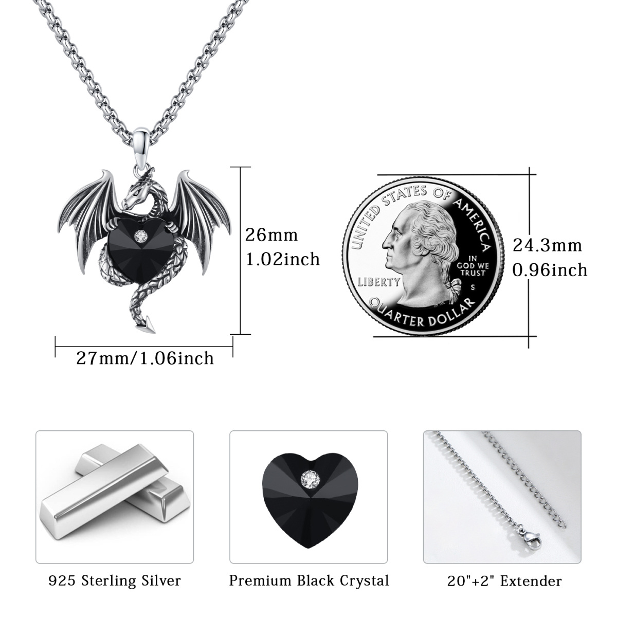 Sterling Silver Flying Dragon Black Heart Crystal Pendant Necklace-6
