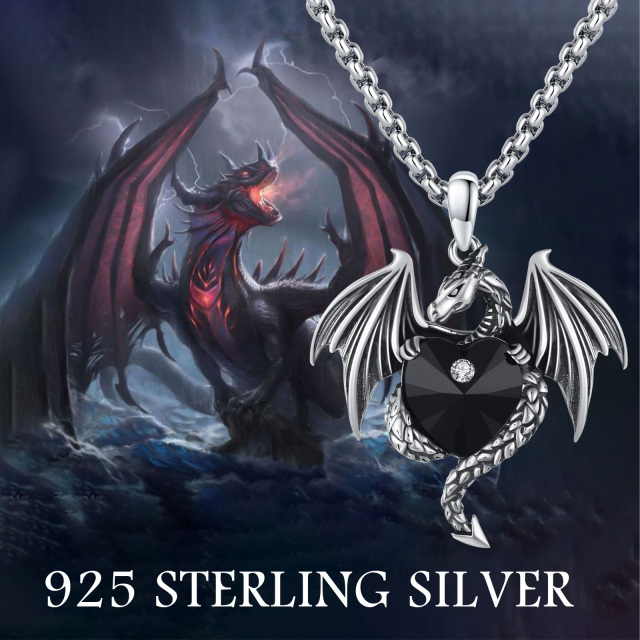 Sterling Silver Flying Dragon Black Heart Crystal Pendant Necklace-5