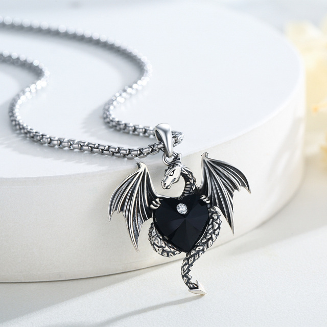 Sterling Silver Flying Dragon Black Heart Crystal Pendant Necklace-4