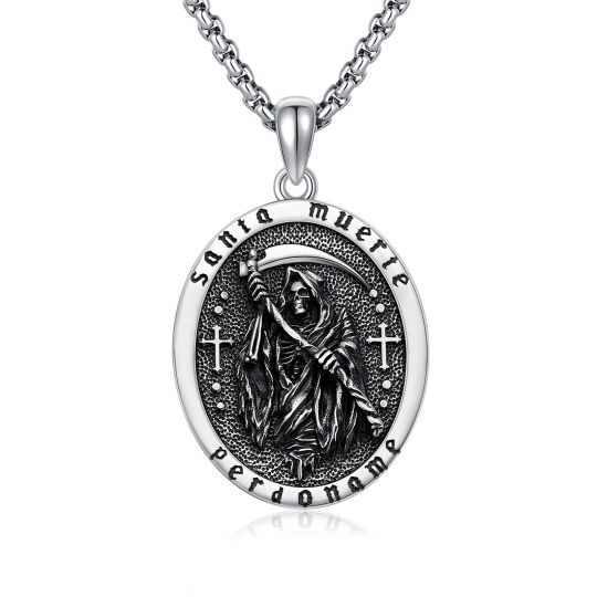 Colgante de plata de ley Santa Muerte Perdoname Cruz Collar para hombre