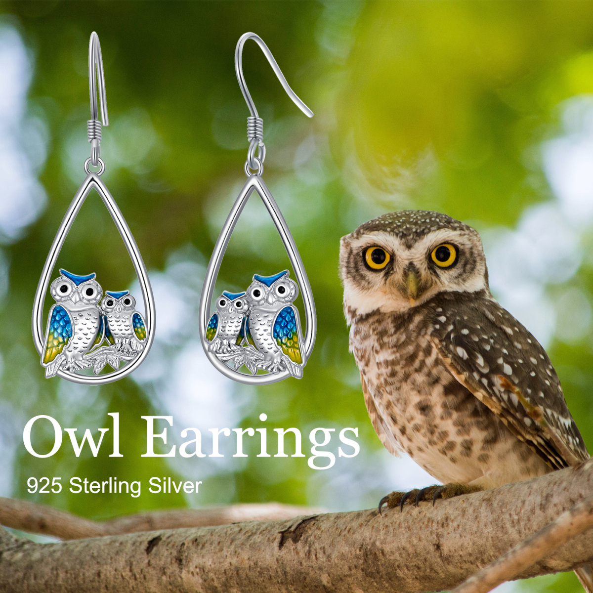 Sterling Silver Owl & Drop Shape Drop Earrings-5