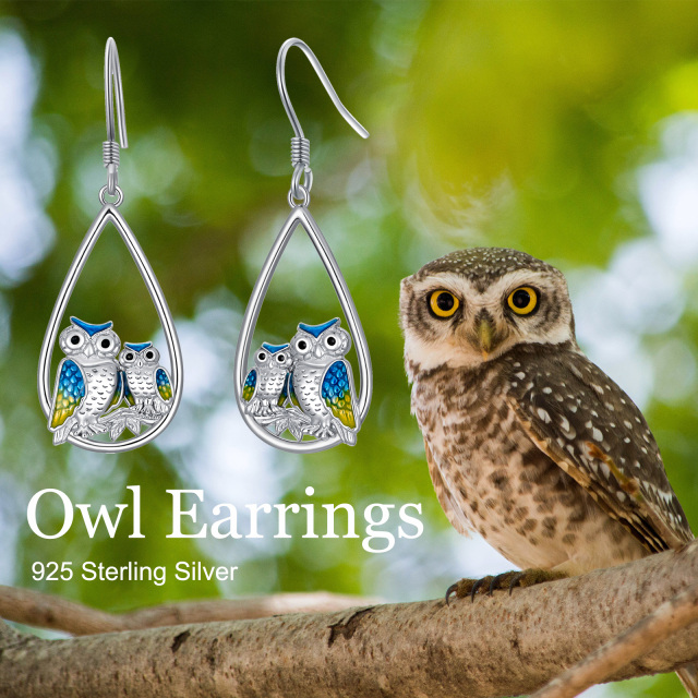 Sterling Silver Owl & Drop Shape Drop Earrings-4