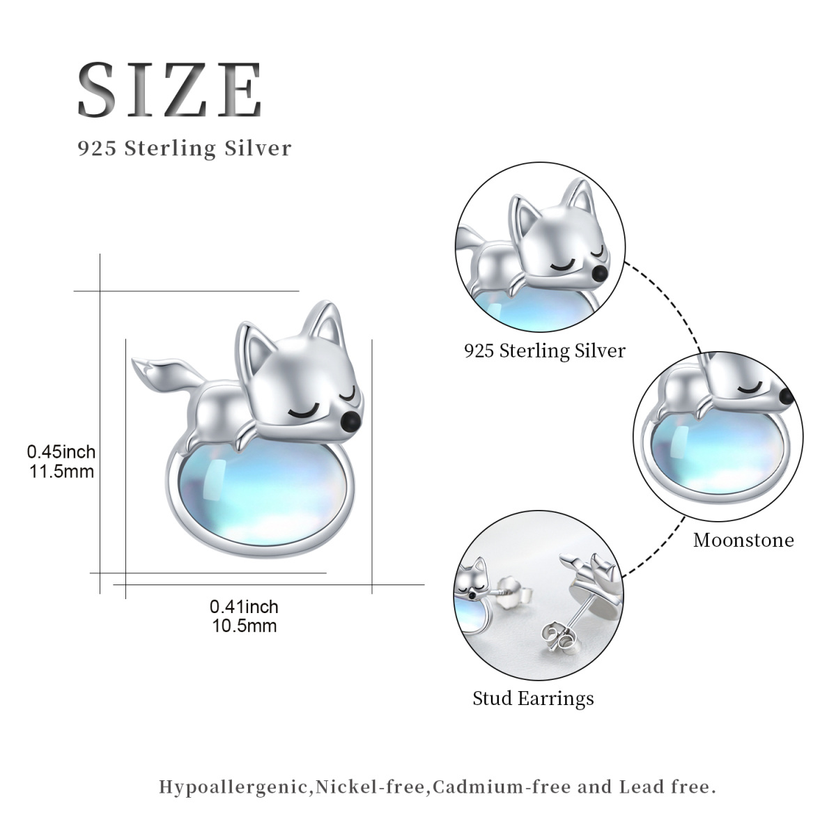 Sterling Silver Moonstone Fox Stud Earrings-5