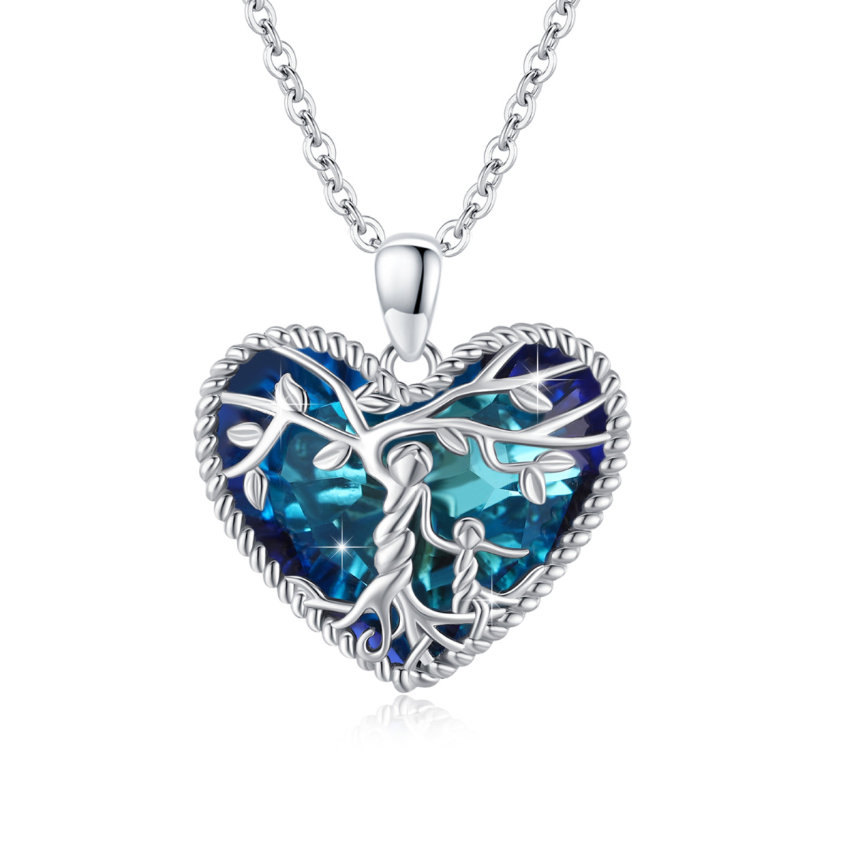 Sterling Silver Crystal Tree Of Life Heart Pendant Necklace-1
